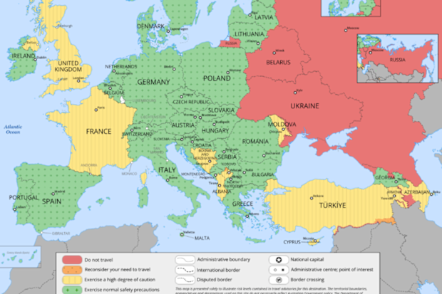 France remains at level two, ‘exercise a high degree of caution’, the same as the UK and Indonesia, including Bali. 