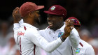 Kevin Sinclair celebrates after taking Marnus Labuschagne’s wicket. 