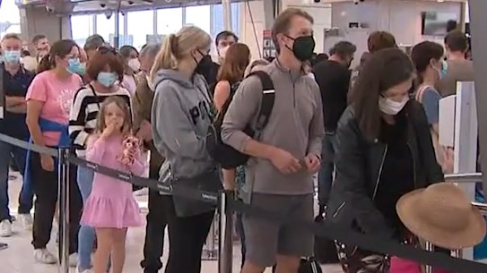 Queues at Sydney Airport’s Domestic Terminal early on Thursday ahead of the Easter long weekend.