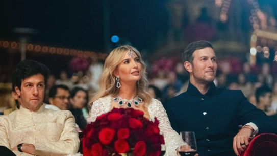 Ivanka Trump, centre, and husband Jared Kushner, right, attending a pre-wedding bash of billionaire industrialist Mukesh Ambani’s son Anant Ambani in Jamnagar, India