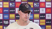 Broncos coach Michael Maguire addressing media on Friday.