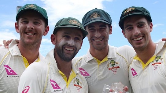 Still together after all these years: Australian bowlers Josh Hazlewood, Nathan Lyon, Mitchell Starc and Pat Cummins in 2018.