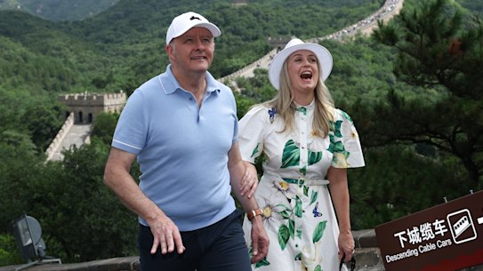 Prime Minister Anthony Albanese and fiancee Jodie Haydon visit the Great Wall of China on Wednesday.