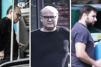 “Faceless man” Adem Somyurek (left and centre) was caught handing over cash allegedly for branch-stacking operations to ministerial adviser Nick McLennan (right). 