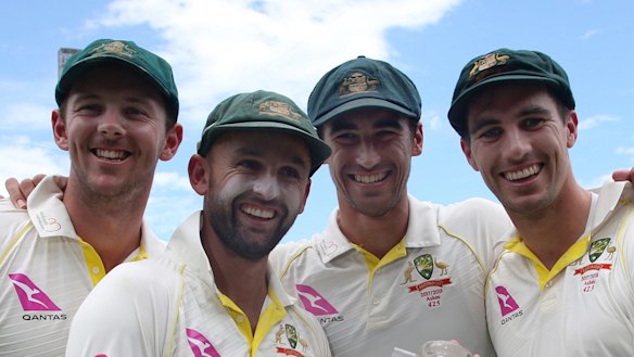 Australian bowlers (from left) Josh Hazlewood, Nathan Lyon, Mitchell Starc and Pat Cummins.