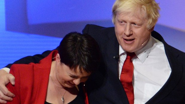 Boris Johnson embraces Scottish Conservative leader Ruth Davidson after The Great Debate at Wembley Arena two days before the Brexit referendum in 2016.