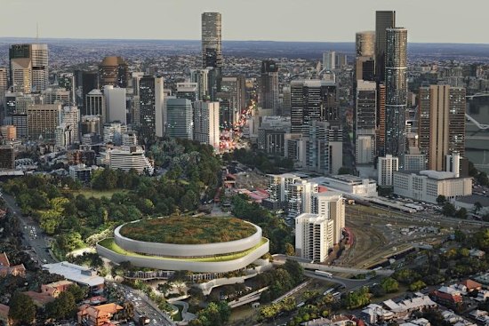 The revised plan for the Brisbane Arena saw the indoor stadium moved to the northern end of Roma Street Parklands.