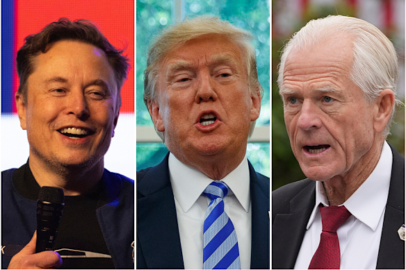 Elon Musk, Donald Trump and Peter Navarro. Differences of opinion on trade tariffs have led to vicious online abuse from Musk.