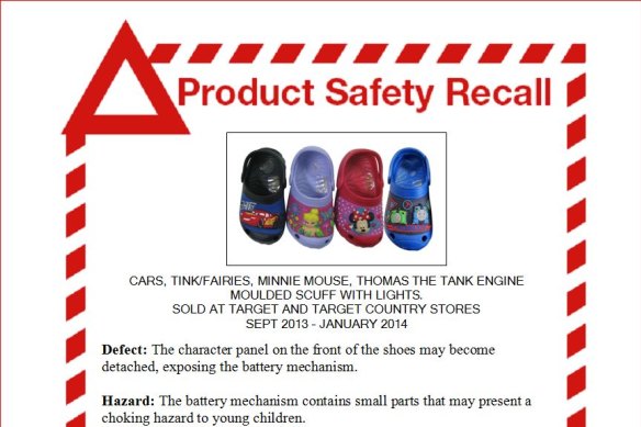 Light-up shoes recalled by the Australian Competition and Consumer Commission in 2014. The battery compartment may become detached, potentially posing a choking hazard to a child. 
