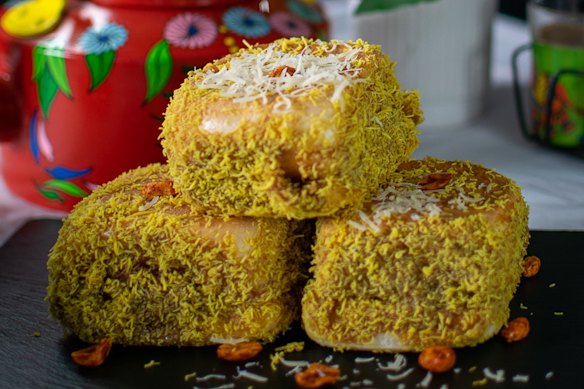 Chai and Chilli’s ladi pav is a soft, yeasted bread roll stuffed with masala-spiced mashed potato and tamarind chutney.