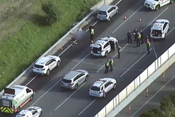 Police at the scene of the shooting on the Monash Freeway.