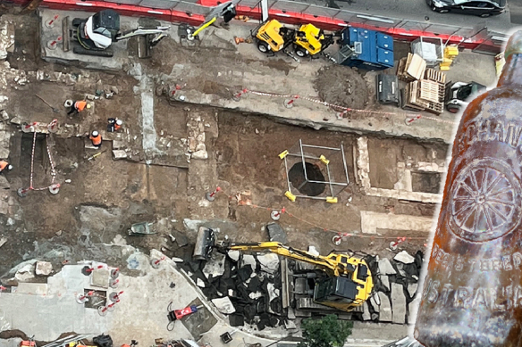 An aerial shot shows the extent of diggings under Adelaide Street, including an early medical facility and foundations for the original Lands Office. Smaller artefacts, including bottles (right), have also been discovered.