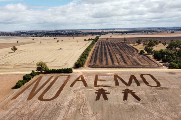 A protest against the KerangLink transmission project was mowed into a field last year.