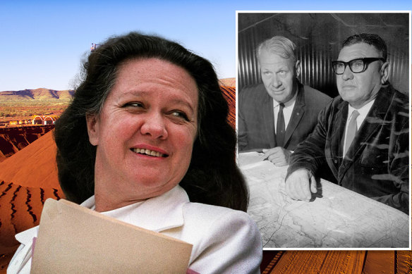 Gina Rinehart and her company Hancock Prospecting, started by her father Lang (inset far right), is defending claims to its Hope Downs iron ore tenement in the Pilbara from Wright Prospecting, started by Peter Wright (inset left).