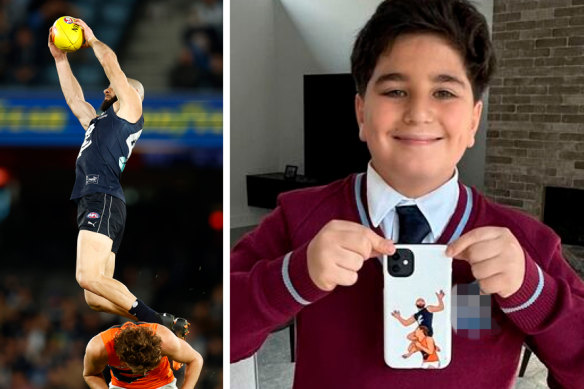 Adam Saad (left) took a contender for mark of the year against the Giants in 2022. Twelve-year-old Khaled has a phone case depicting that mark.