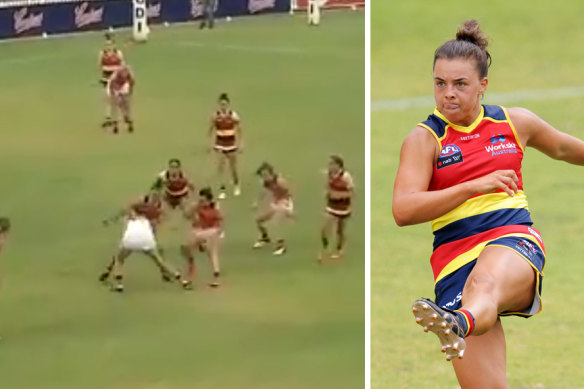 Crows player Marinoff (right) had her three-match ban for this incident against the Giants overturned.