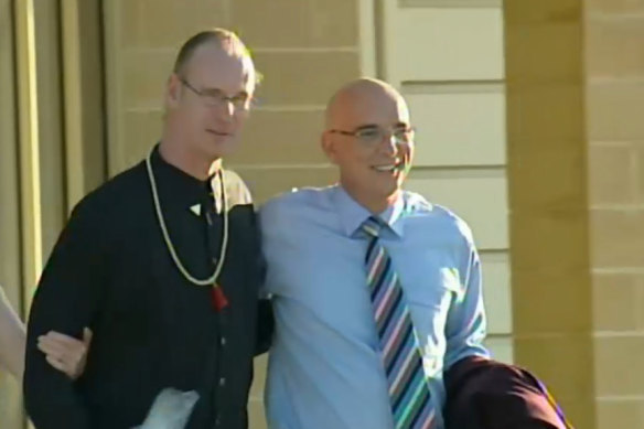 Andrew Mallard leaves prison with John Quigley.