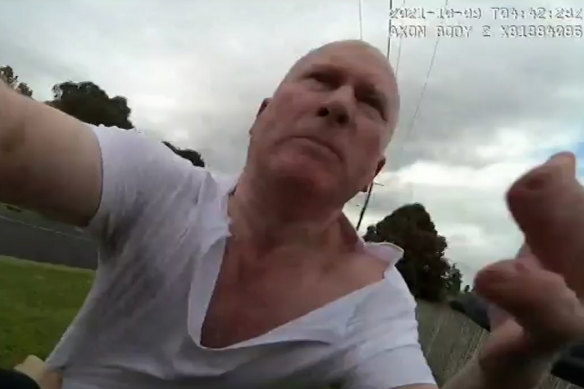 Steven Cleary during his attack on two police officers in Warrnambool on October 9, 2021.
