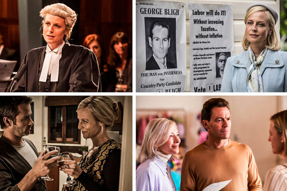 Clockwise from top left: playing the title role in Janet King, which spun off from 2011’s Crownies; in A Place to Call Home, which began filming in 2013; with Cate Blanchett and Dominic West in Stateless, 2020; and with Guy Pearce in Jack Irish: Dead Point, 2014.
