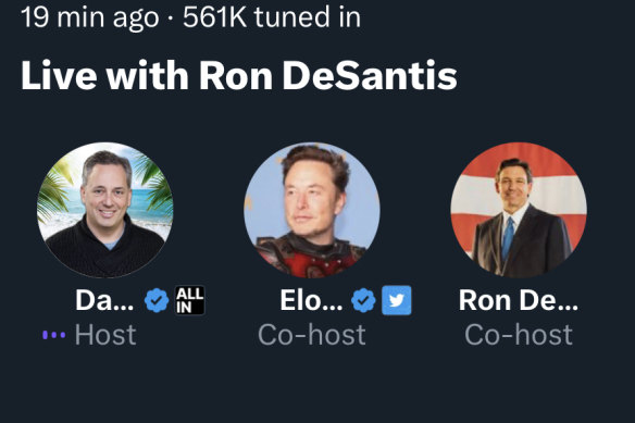The discussion on Twitter Spaces between Florida Governor Ron DeSantis of Florida and Elon Musk, the owner of Twitter, moderated by investor and pundit David Sacks.