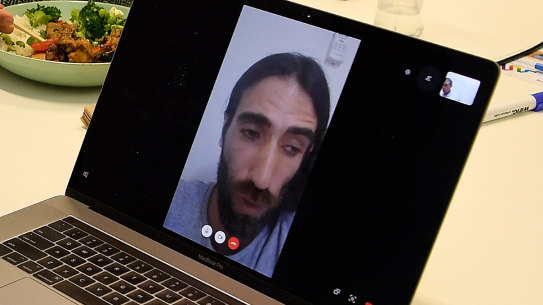 Journalist Tim Elliott and translator Omid Tofighian talk to Behrouz Boochani over lunch, by Skype.