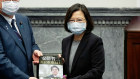 Koichi Hagiuda with Taiwan’s President Tsai Ing-wen in Taipei at the weekend.