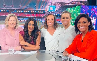 Fox Sports Megan Barnard (second from the right) with Fox Cricket colleagues. 