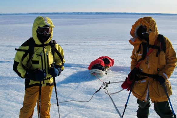 Expeditioners from Davis station haul a sled. 