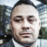Jarryd Hayne outside the NSW District Court last year, and a mockup of messages between the complainant and a friend.