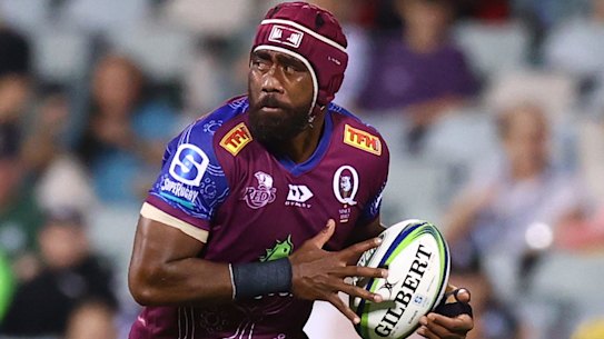 CANBERRA, AUSTRALIA - MARCH 13: Seru Uru of the Reds makes a line break during the round four Super RugbyAU match between the Brumbies and the Reds at GIO Stadium, on March 13, 2021, in Canberra, Australia. (Photo by Mark Nolan/Getty Images)
