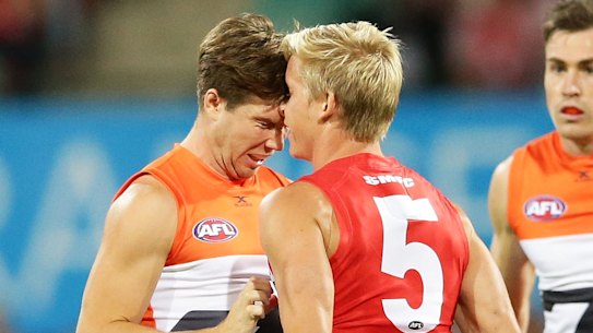 Isaac Heeney and Toby Greene butting heads back in 2017.