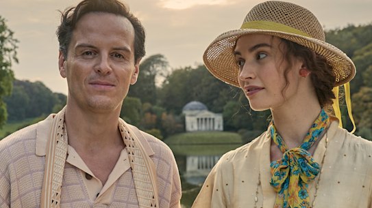 Andrew Scott, who plays the bohemian lord of the next-door manor Merlin, and Lily James as Linda in The Pursuit of Love.