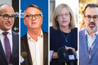 (L-R) James Merlino, Martin Foley, Lisa Neville and Martin Pakula are tipped to announce their resignation on Friday.