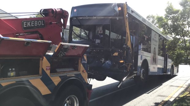 The bus crashed into three cars on Hamilton Road near the intersection with Kelso Street.