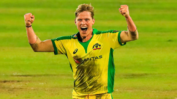 Nathan Ellis celebrates his hat-trick on debut, but Australia’s batsmen came up short in the run chase.