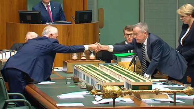 Malcolm Turnbull and Bill Shorten shake hands on Wednesday.