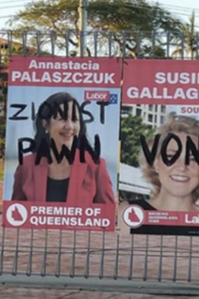 A campaign poster of Premier Annastacia Palaszczuk was targeted with graffiti in 2020.