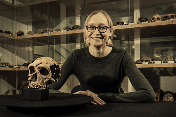 Dr Emma Pomeroy of the University of Cambridge with the skull of Shanidar Z.