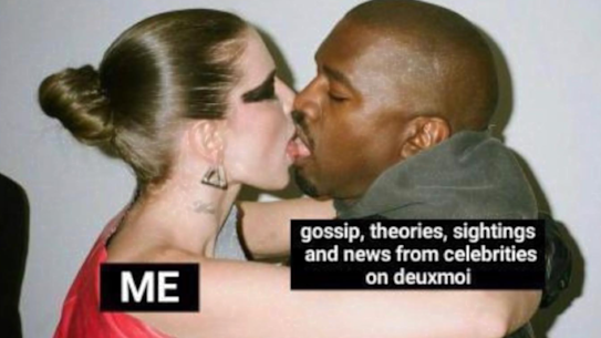 A meme of Julia Fox and Kanye West from celebrity gossip Instagram account DeuxMoi.