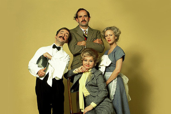 Basil (John Cleese), Manuel (Andrew Sachs), Sybil (Prunella Scales) and Polly (Connie Booth) in Fawlty Towers.