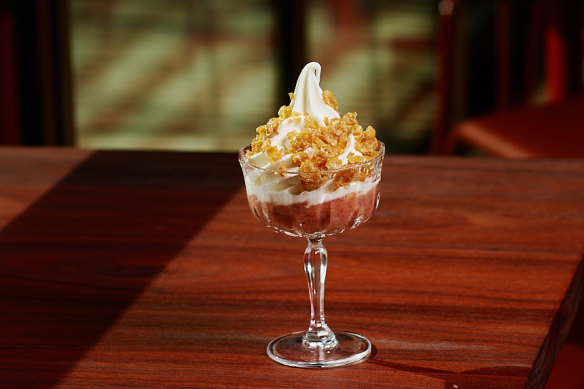 The perfect al fresco dessert: Mid Air’s strawberry and olive oil sundae with Honey Joys.