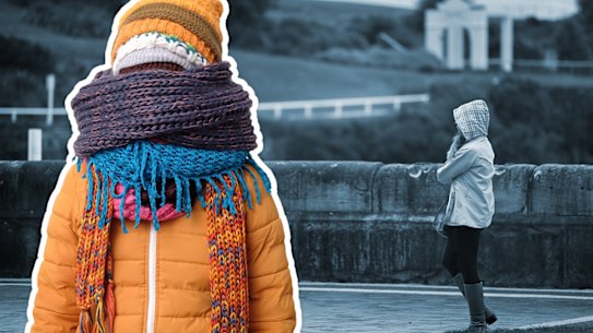 Illustration of people being cold in Sydney. Rugged up for winter.