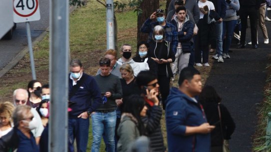 Photographs show scenes from the Homebush vaccination center this morning of people lining up and receiving their COVID-19 vaccination jab within the center. Photographs taken Monday 24th May 2021. Photography by Dean Sewell.