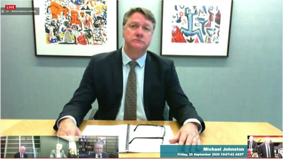Crown Resorts director and Consolidated Press Holdings executive Michael Johnston giving evidence at the NSW Independent Liquor and Gaming Authority probity inquiry into the casino group on Friday, September 25, 2020  
