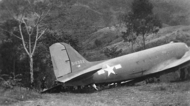 The downed USAF Douglas C-47 Skytrain from which George McBride rescued burnt aircrew.