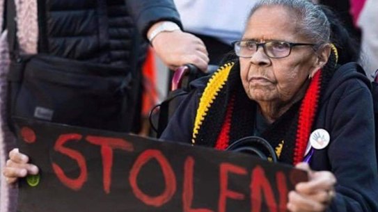 Eunice Wright, daughter of Monty Foster, on the steps of Parliament House in 2019.