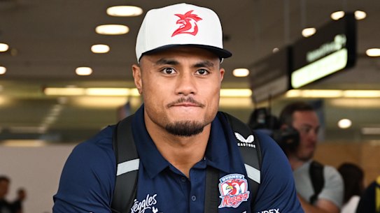 Roosters prop Spender Leniu arrives home from Las Vegas.