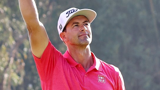 Adam Scott celebrates winning the Riviera PGA in Los Angeles.