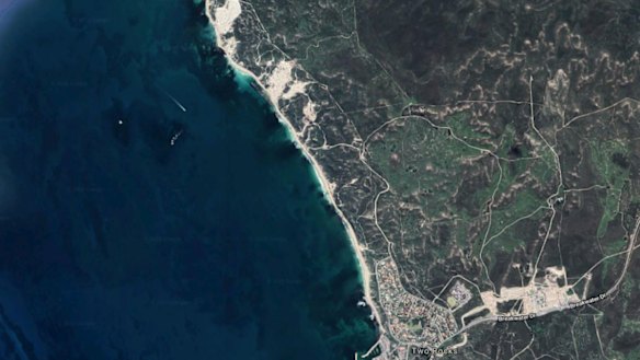Two Rocks, home to the abandoned Atlantis marine park with its landmark stone King Neptune, is at the lower end of the image. The dune areas earmarked for development can be seen at the top. 