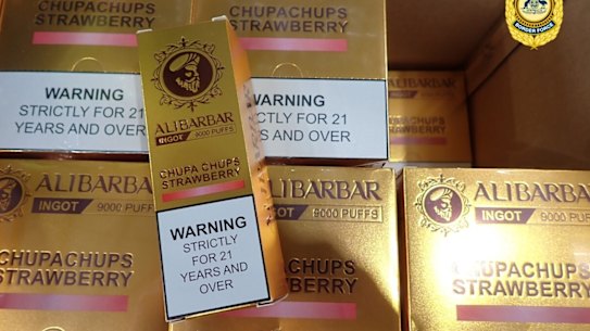 Alibarbar brand vapes seized from a container ship in July 2025.